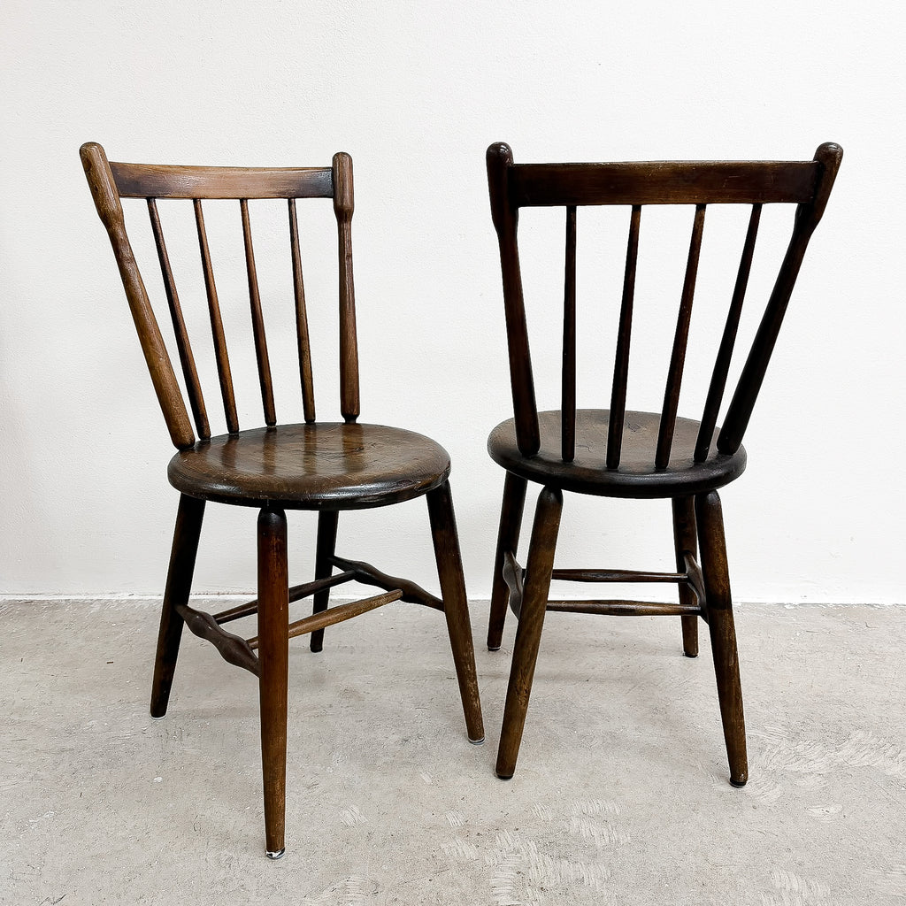 Pair Of Antique Spindle Back Kitchen Chairs With Excellent Patina