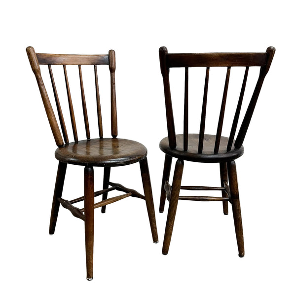 Pair Of Antique Spindle Back Kitchen Chairs With Excellent Patina