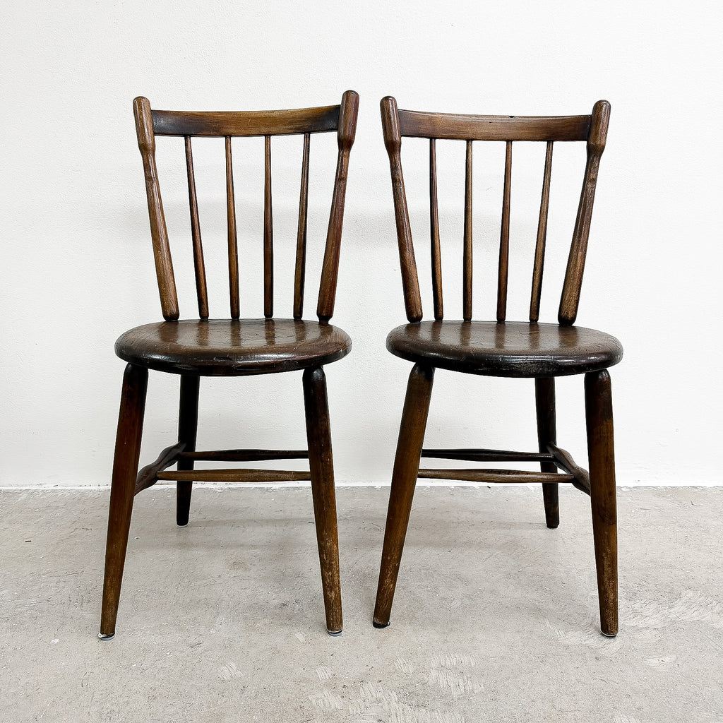Pair Of Antique Spindle Back Kitchen Chairs With Excellent Patina