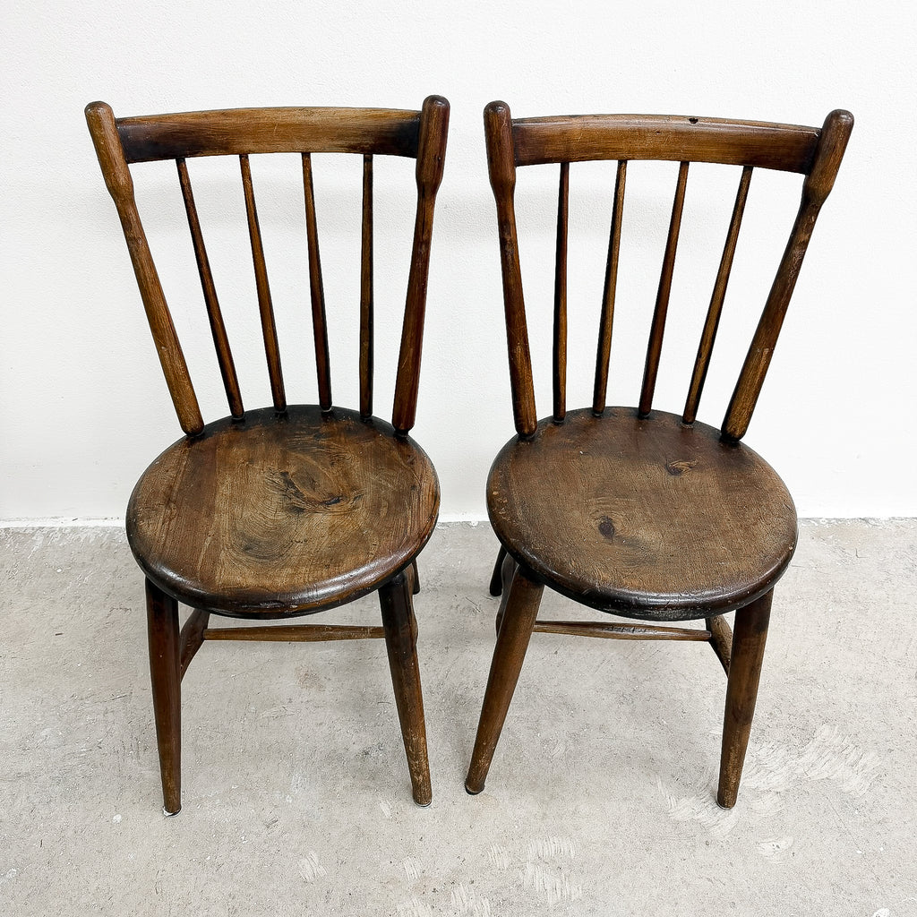 Pair Of Antique Spindle Back Kitchen Chairs With Excellent Patina