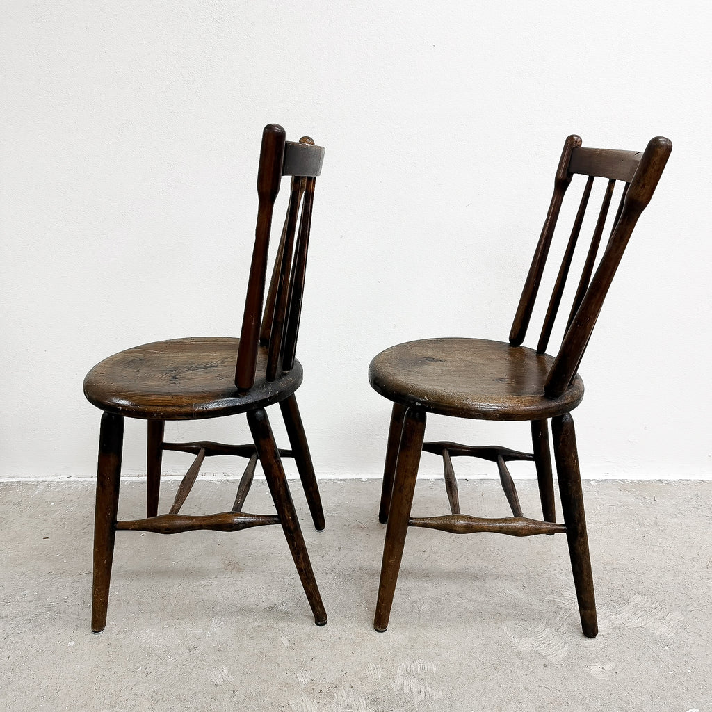 Pair Of Antique Spindle Back Kitchen Chairs With Excellent Patina