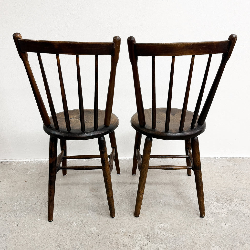 Pair Of Antique Spindle Back Kitchen Chairs With Excellent Patina