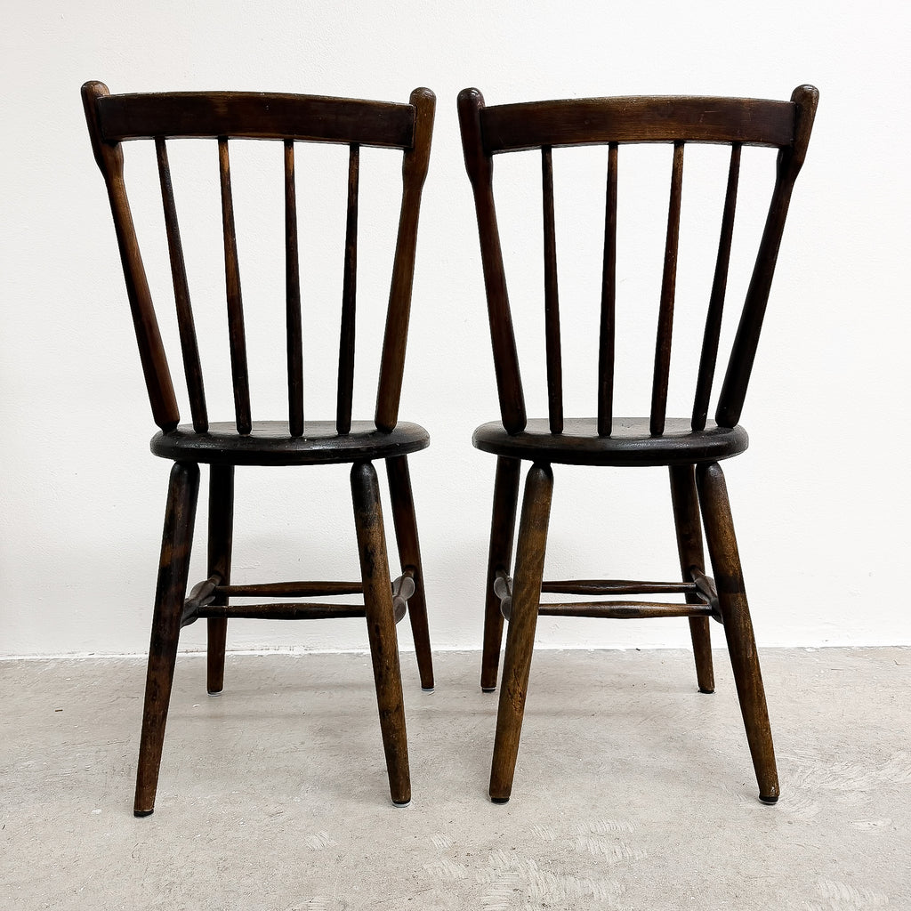 Pair Of Antique Spindle Back Kitchen Chairs With Excellent Patina