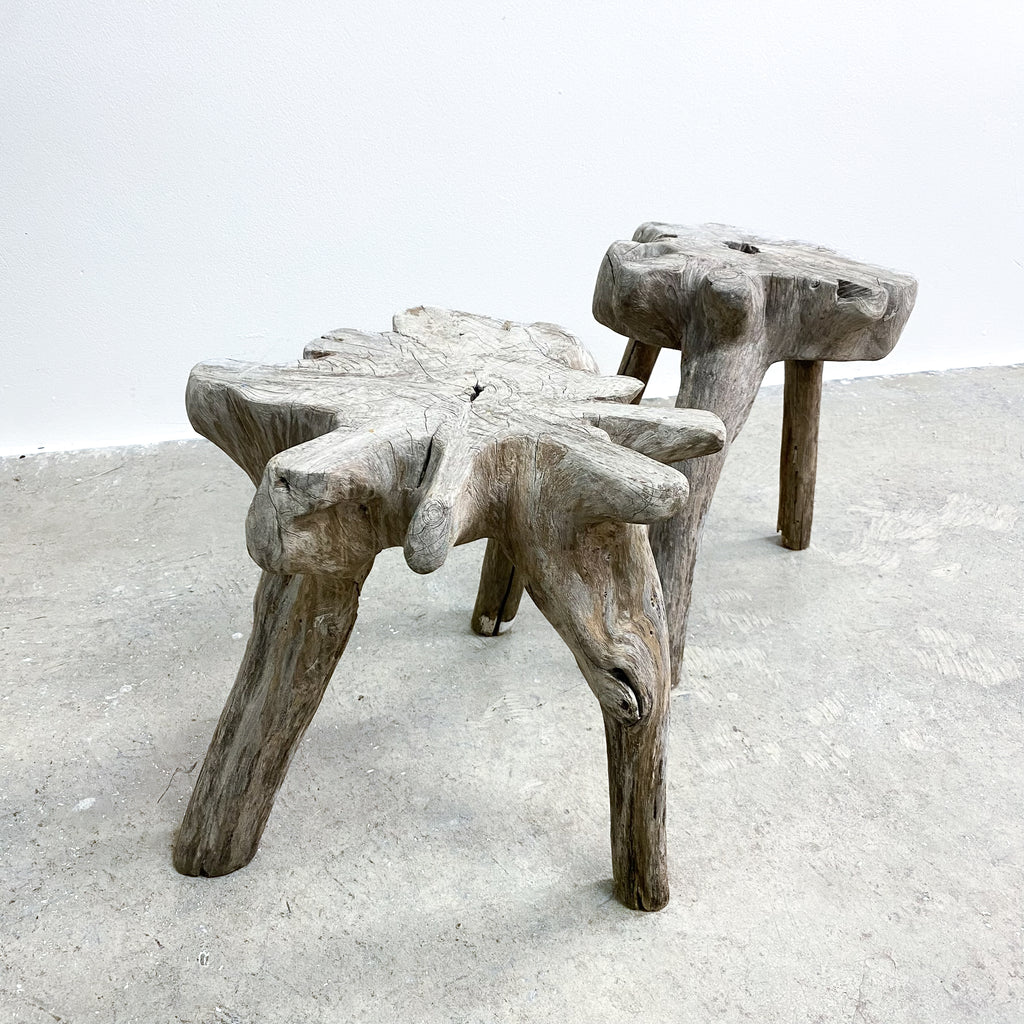 Pair Of Bespoke Organic Form Weathered Wood Stools Or Side Tables
