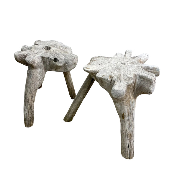 Pair Of Bespoke Organic Form Weathered Wood Stools Or Side Tables