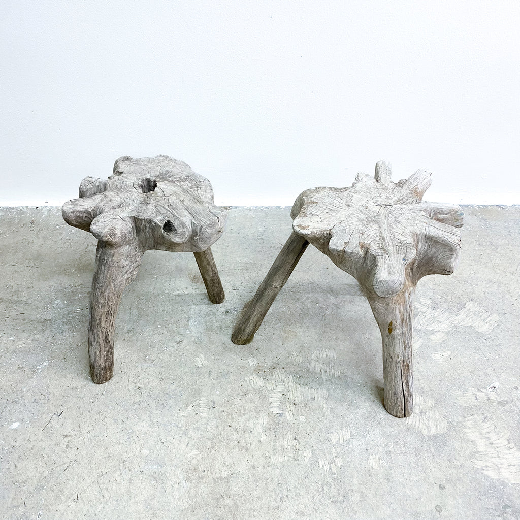 Pair Of Bespoke Organic Form Weathered Wood Stools Or Side Tables