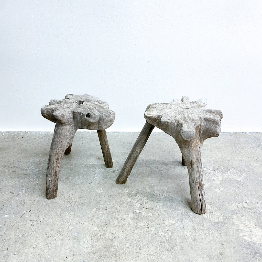 Pair Of Bespoke Organic Form Weathered Wood Stools Or Side Tables