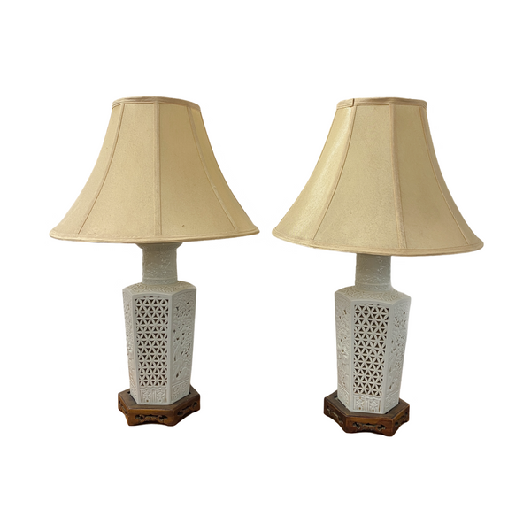 Pair Of 1960s Blanc de Chine White Patterned Ceramic Table Lamps & Shades