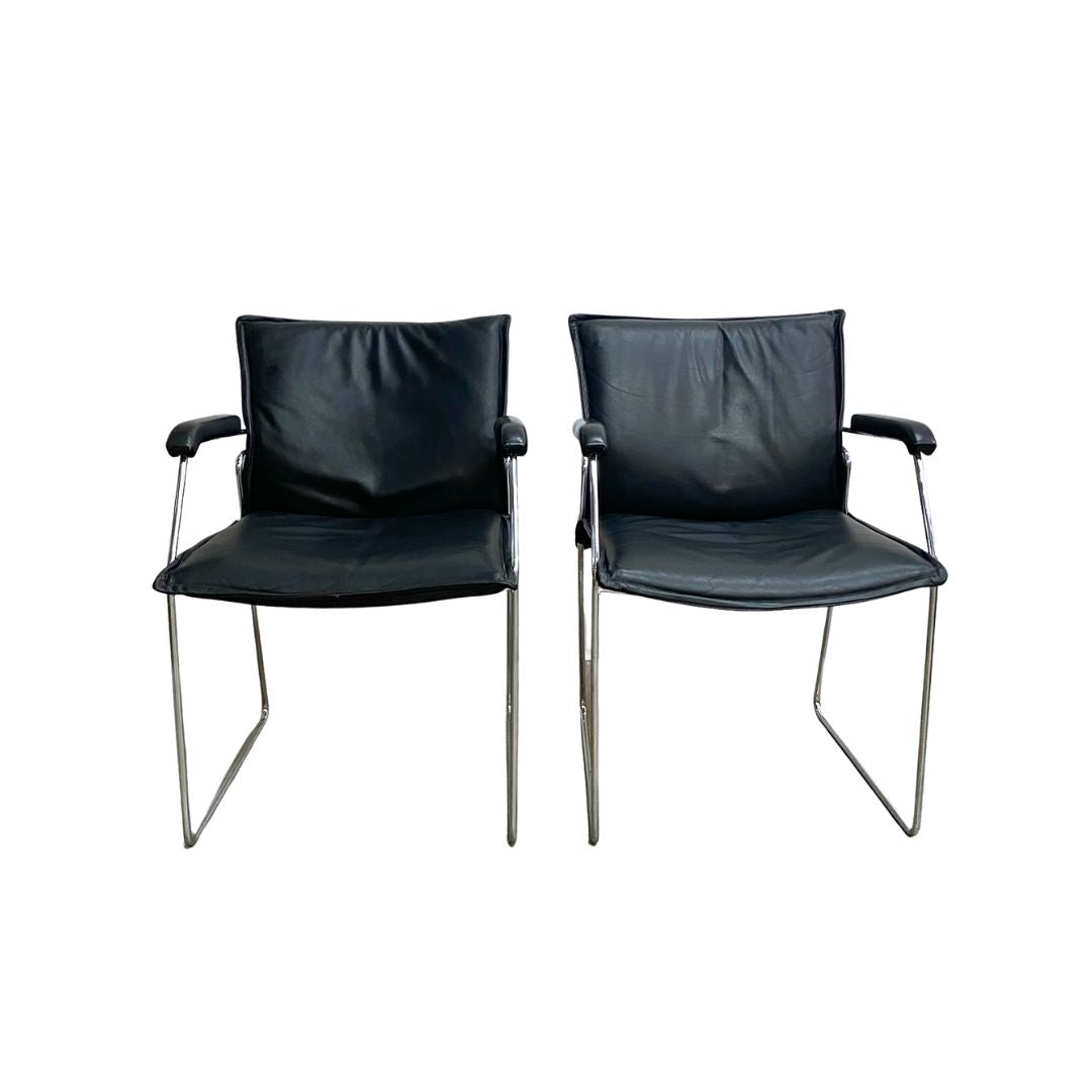 Pair Of Mid 1970's Century Italian Chrome And Leather Chairs