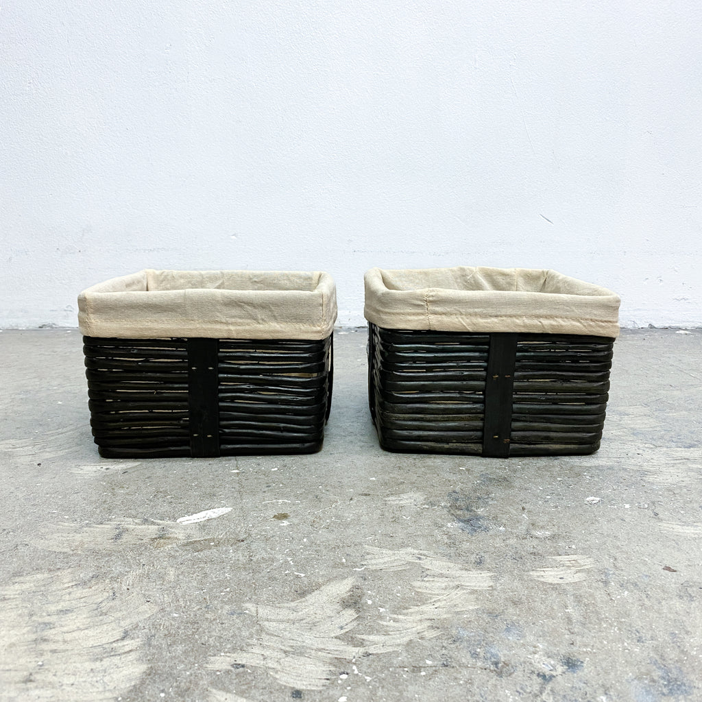 Pair Of Pencil Cane Baskets/ Tidies With Liners
