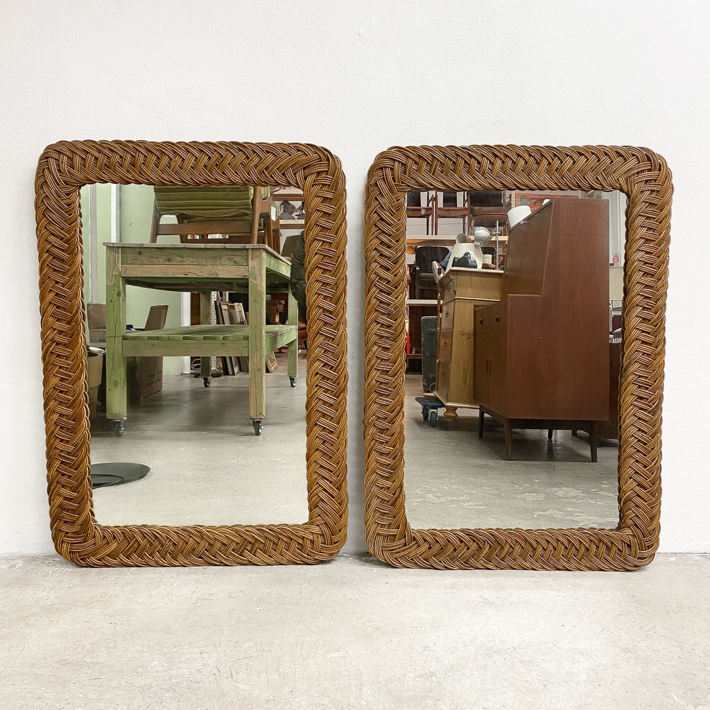 Pair Of Large Vintage Braided Wicker Rattan Mirrors