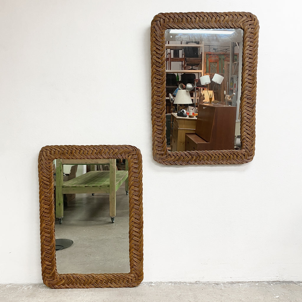 Pair Of Large Vintage Braided Wicker Rattan Mirrors