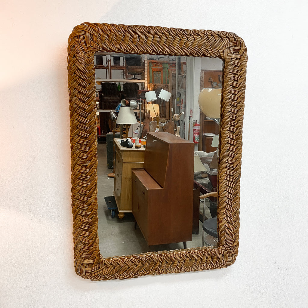 Pair Of Large Vintage Braided Wicker Rattan Mirrors