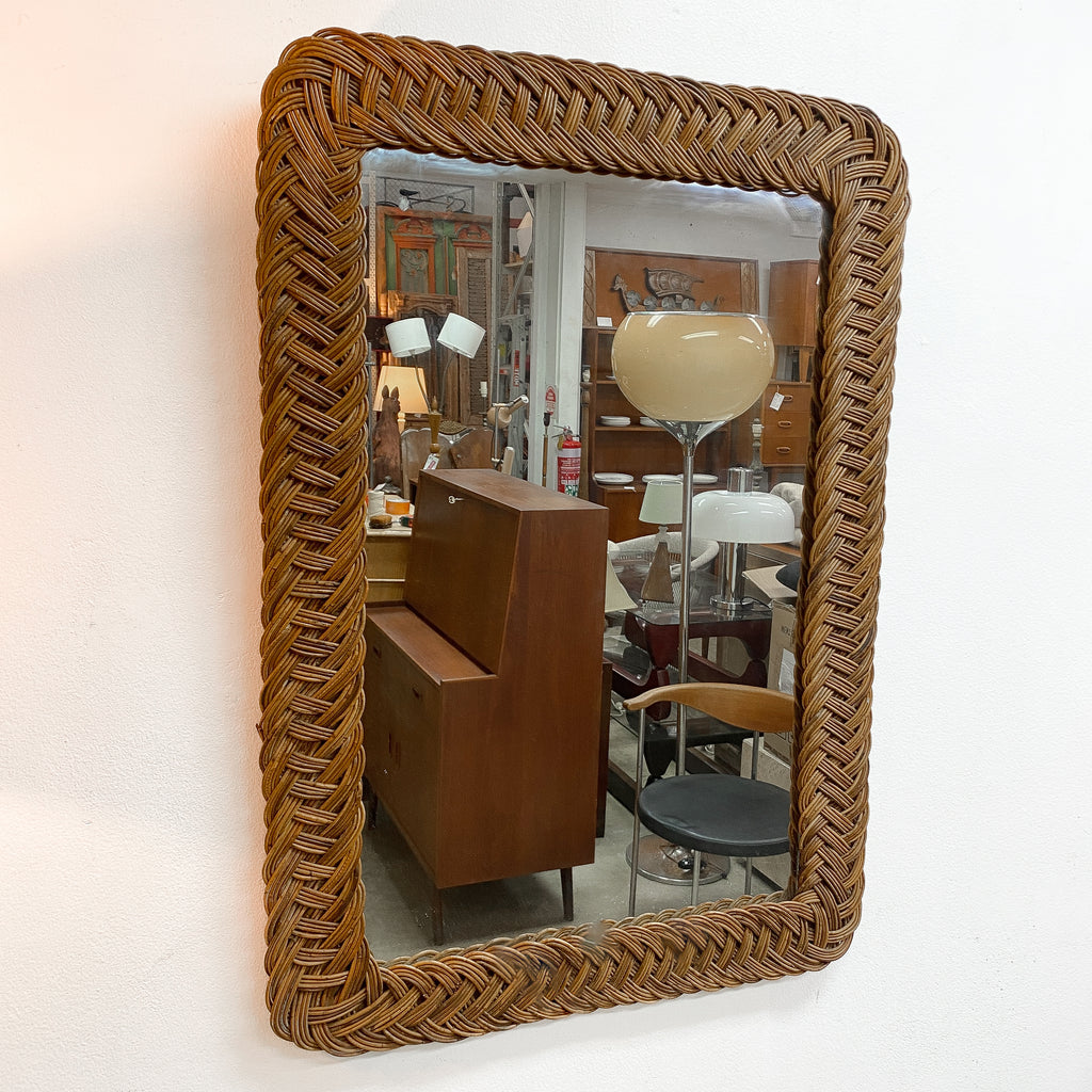 Pair Of Large Vintage Braided Wicker Rattan Mirrors