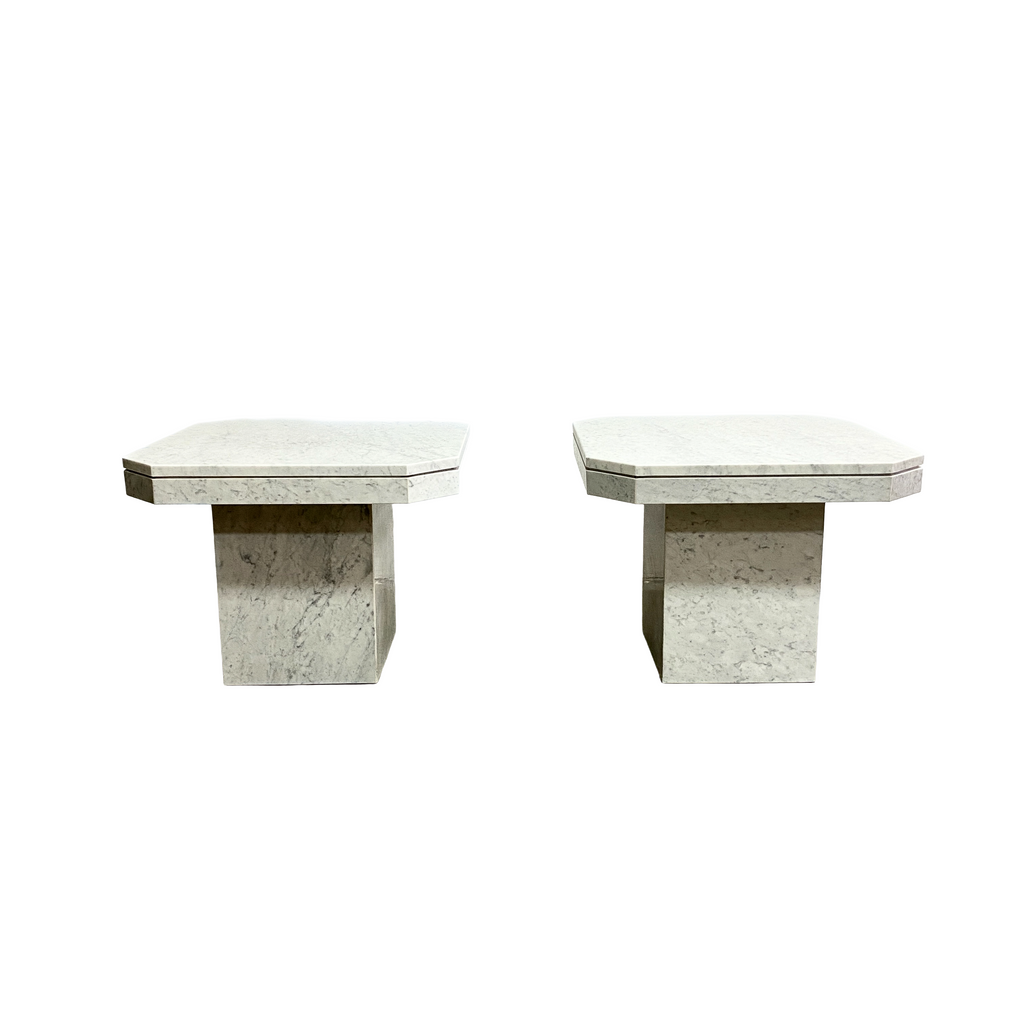 Pair Post Modern Marble Square Hexagonal Side Tables