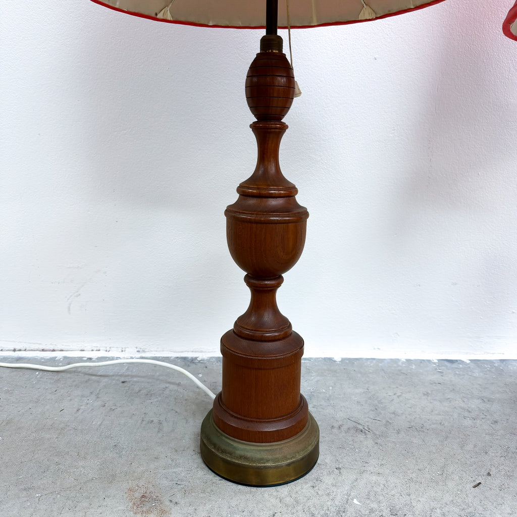 Pair of 1960's Mid Century Turned Teak Table Lamps Original Shades
