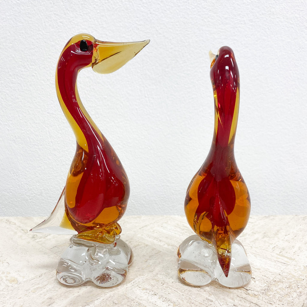 Pair of Mid Century Japanese Red and Orange Art Glass Ducks– The