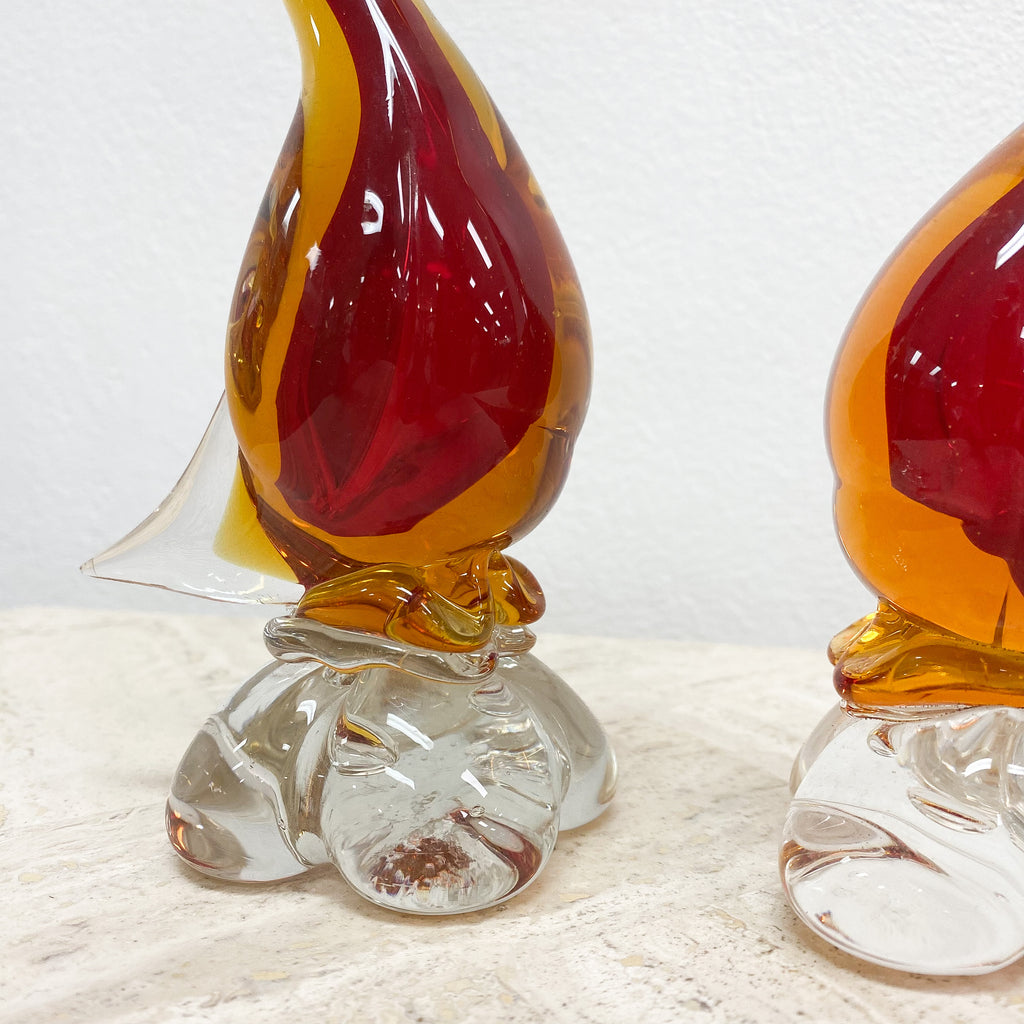 Pair of Mid Century Japanese Red and Orange Art Glass Ducks