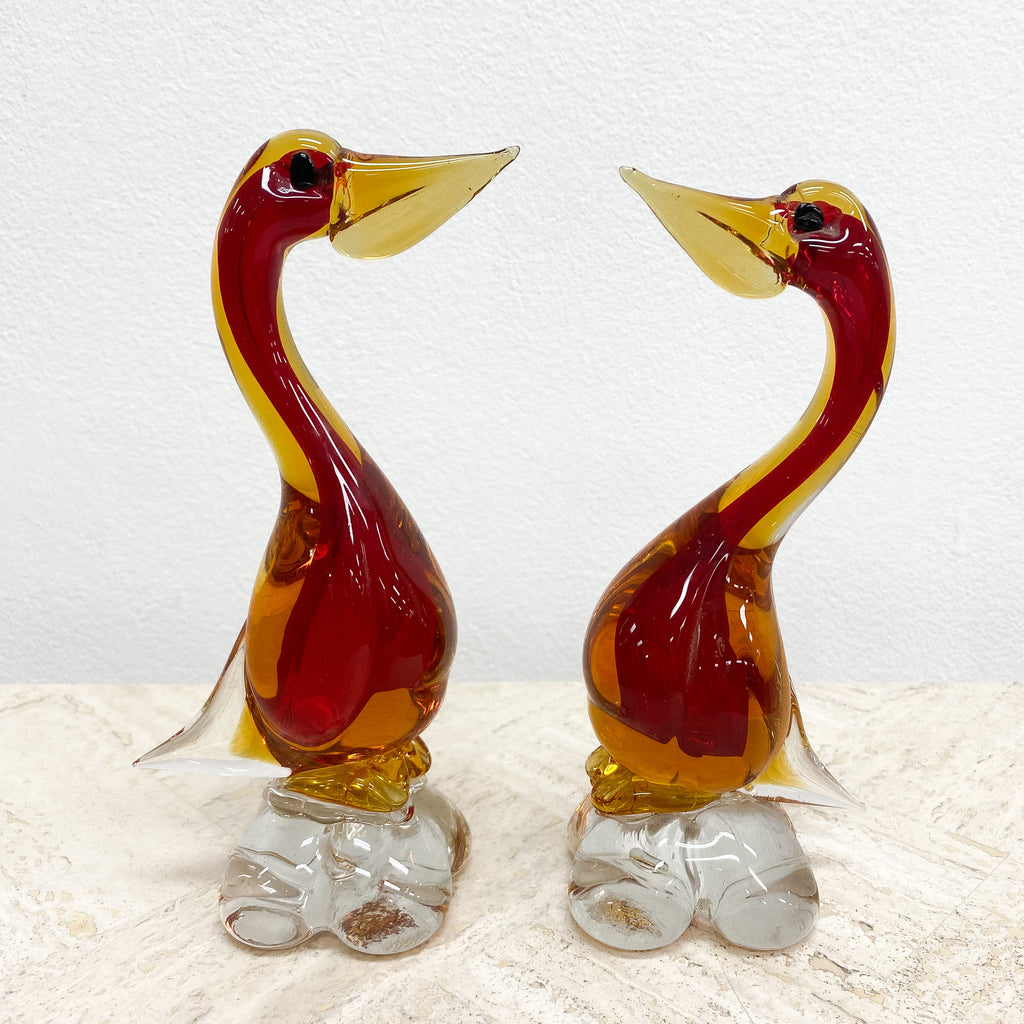 Pair of Mid Century Japanese Red and Orange Art Glass Ducks