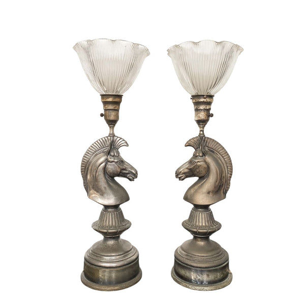 Pair of Silver Plated Antique Horse Head Table Lamps