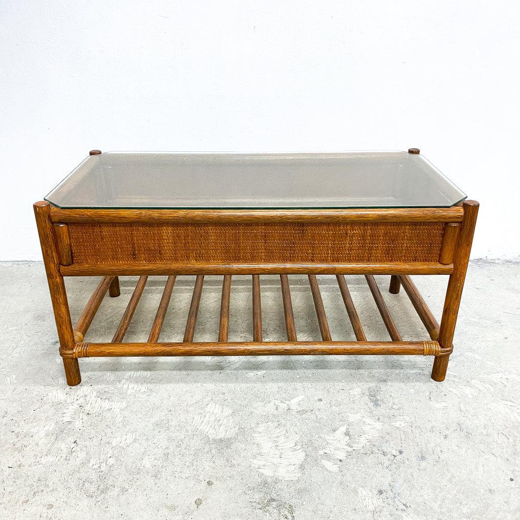 Post Modern Cane And Glass 1980's Coffee Table