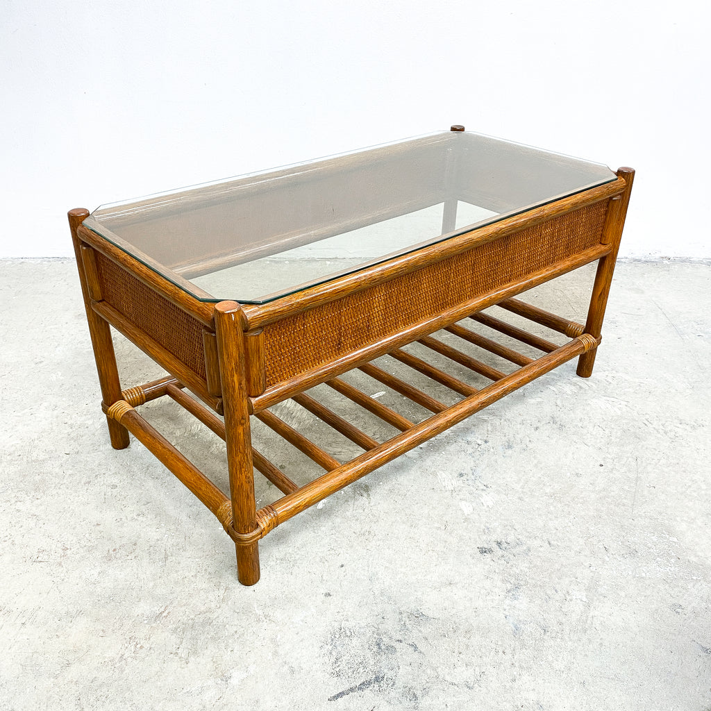 Post Modern Cane And Glass 1980's Coffee Table