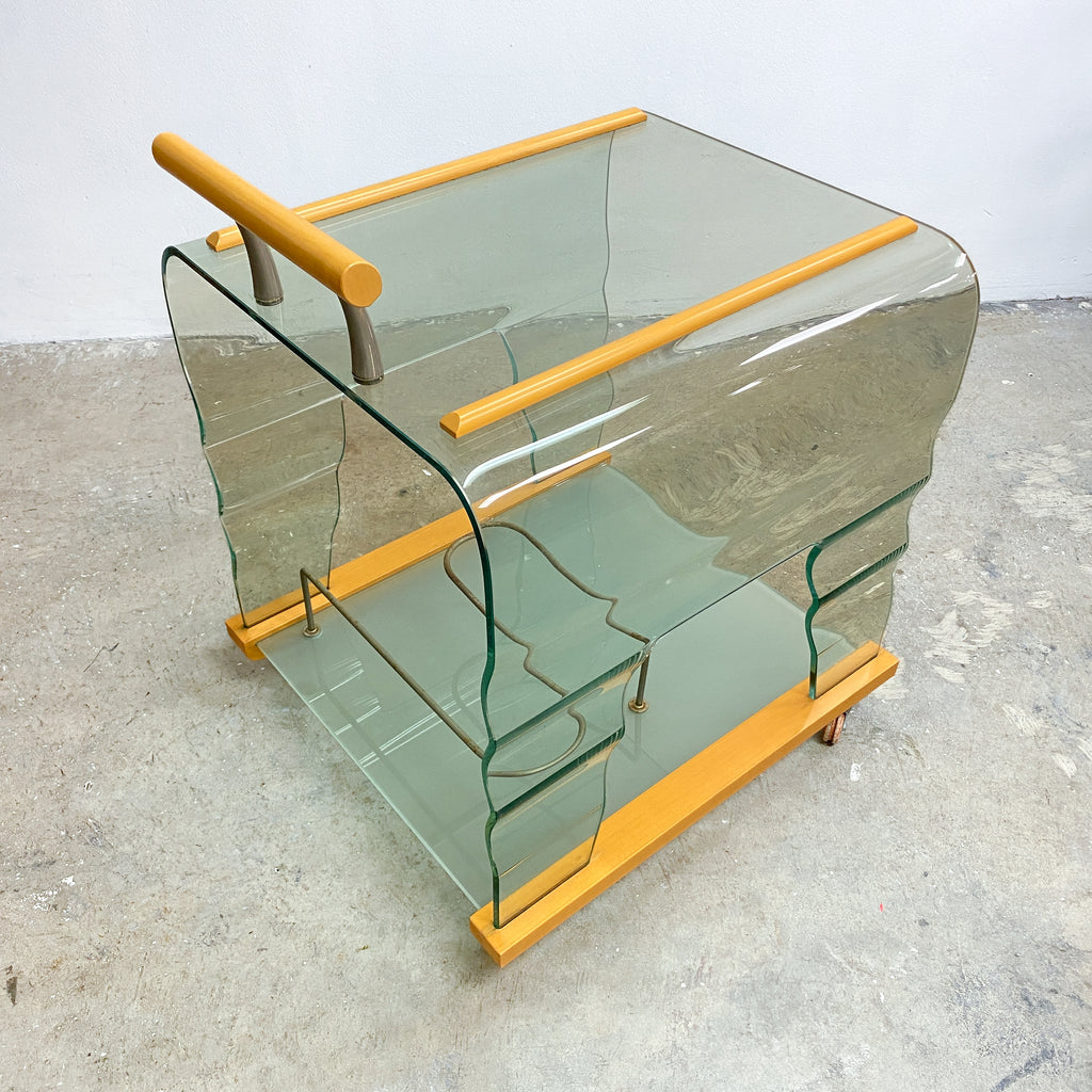 Post Modern Italian Wavy Glass And Blondewood Drinks Trolley
