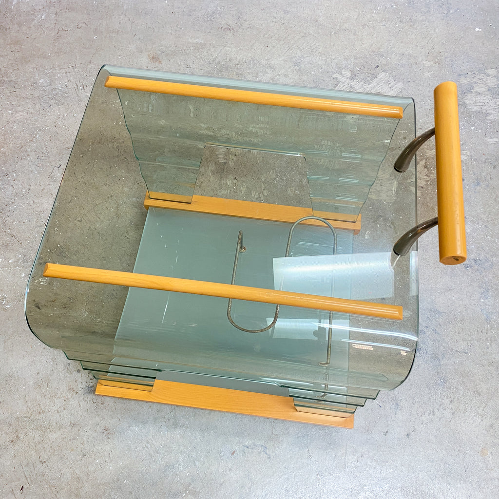 Post Modern Italian Wavy Glass And Blondewood Drinks Trolley