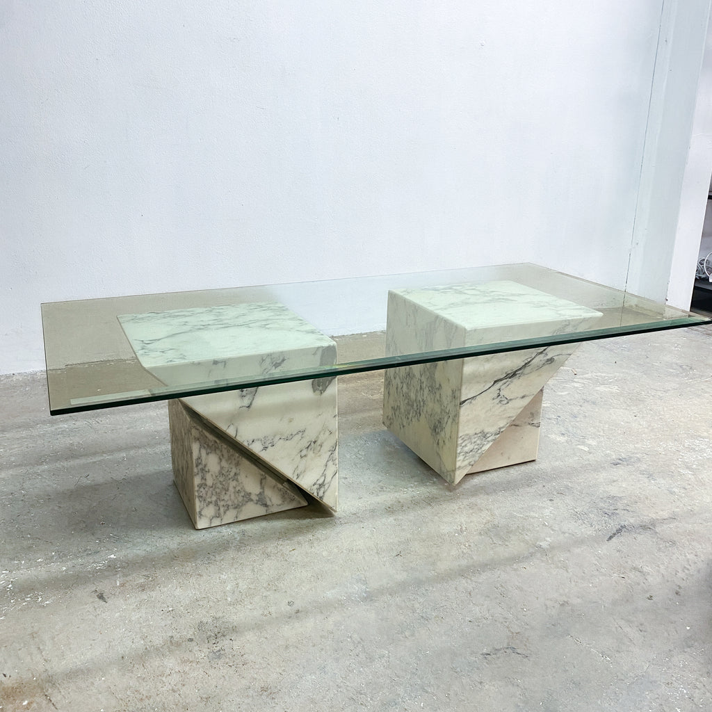 Postmodern Italian Carrara Marble And Glass Coffee Table