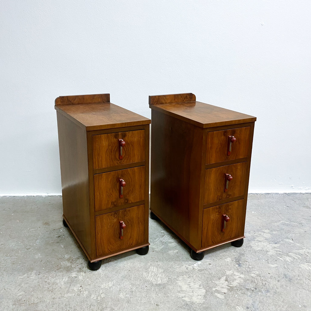 Rare Pair Of Art Deco Bakelite Handle Burr Walnut Bedside Drawers