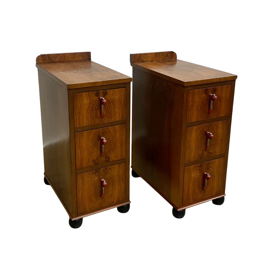Rare Pair Of Art Deco Bakelite Handle Burr Walnut Bedside Drawers