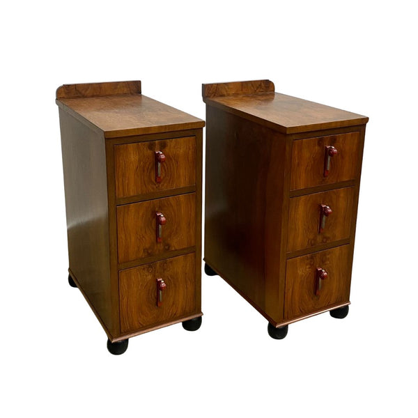 Rare Pair Of Art Deco Bakelite Handle Burr Walnut Bedside Drawers