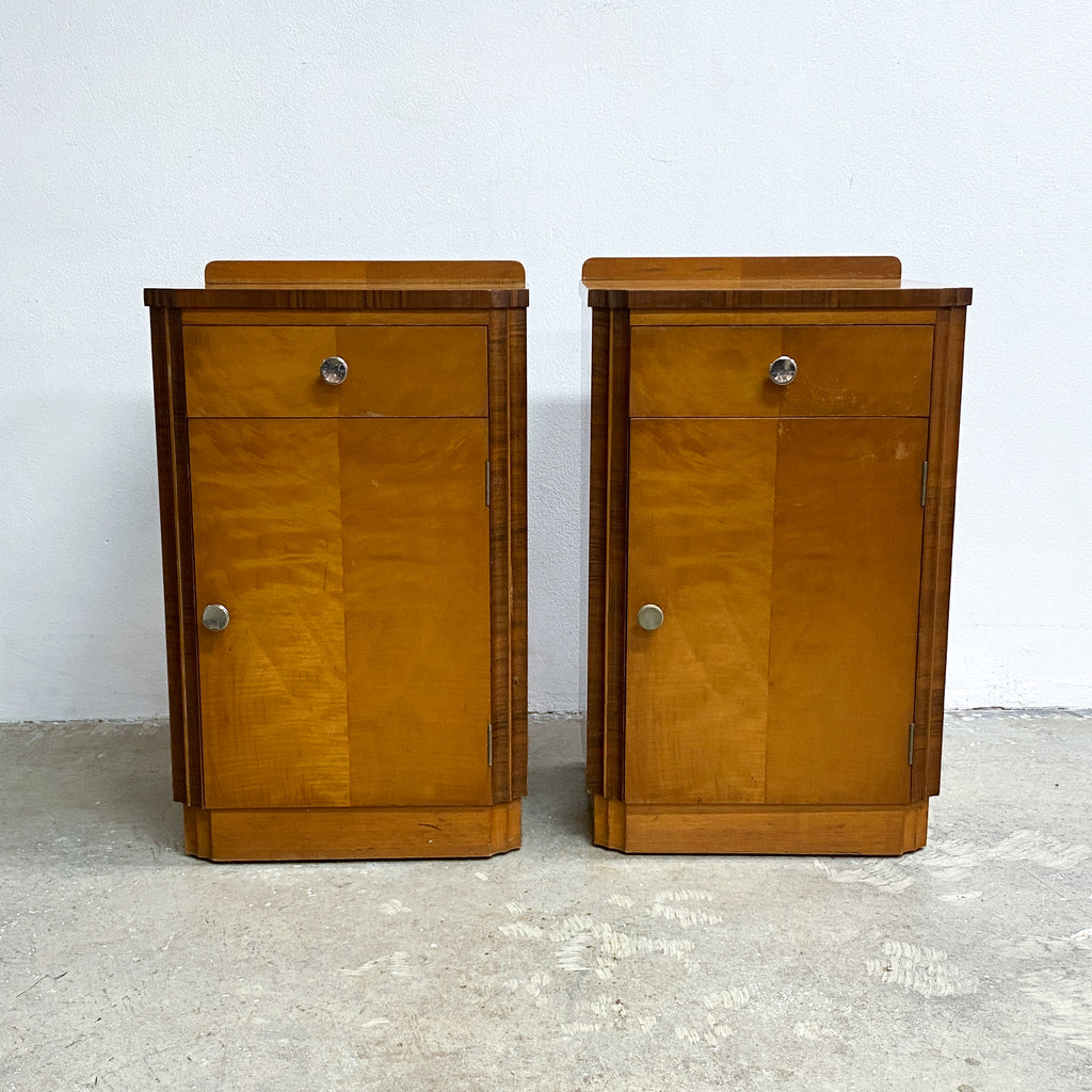 Rare Pair Of Art Deco Birch And Walnut Bedside Cabinets