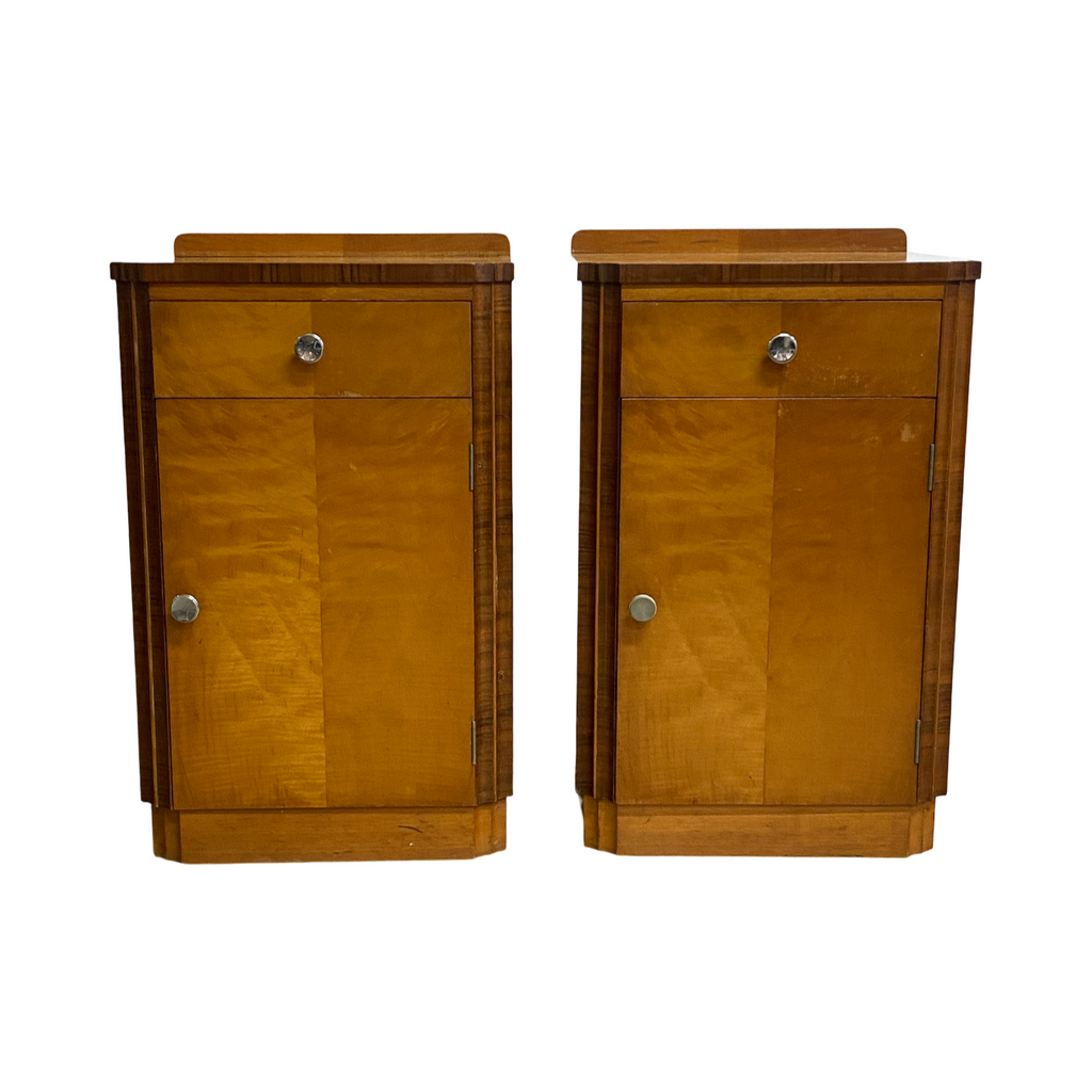 Rare Pair Of Art Deco Birch And Walnut Bedside Cabinets