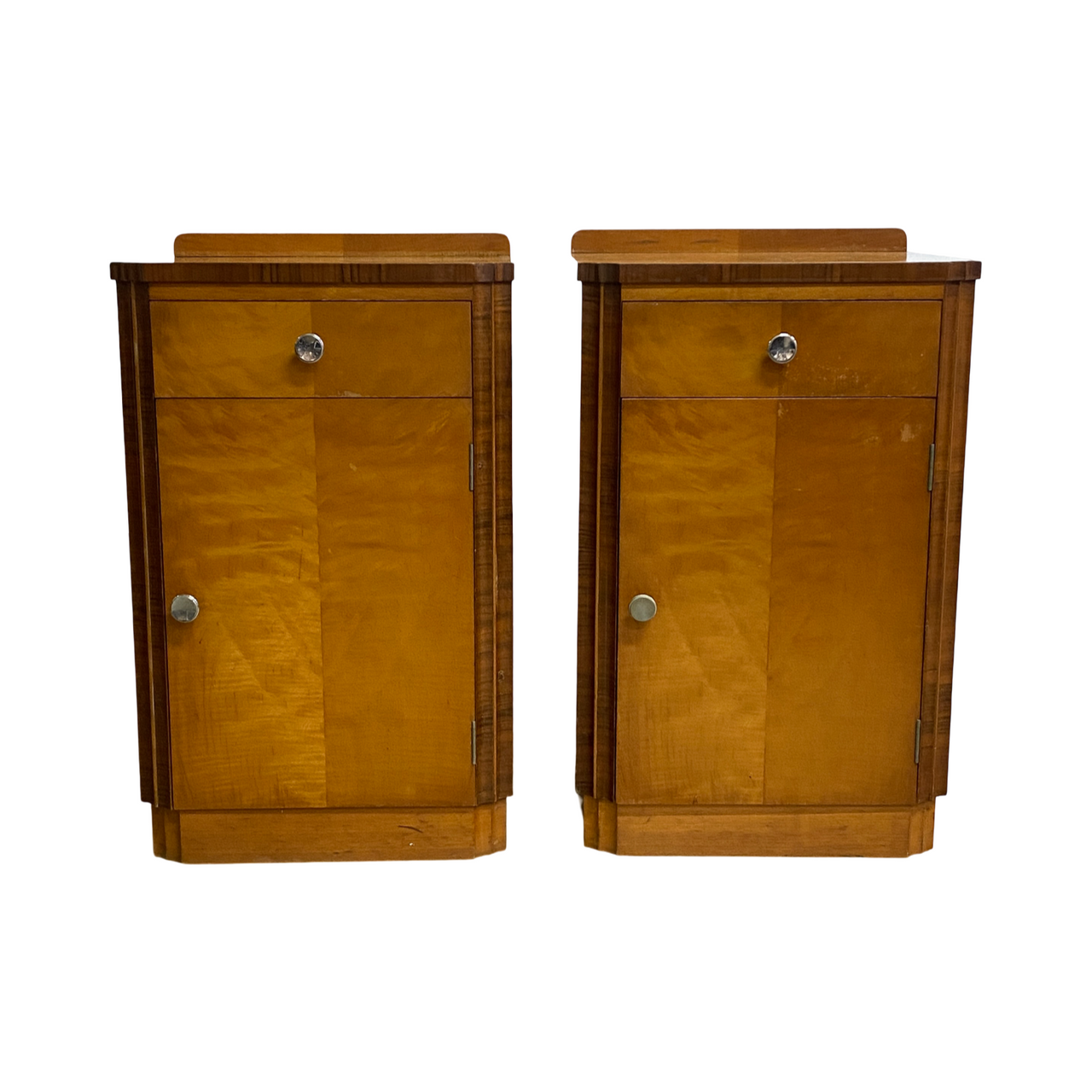 Rare Pair Of Art Deco Birch And Walnut Bedside Cabinets