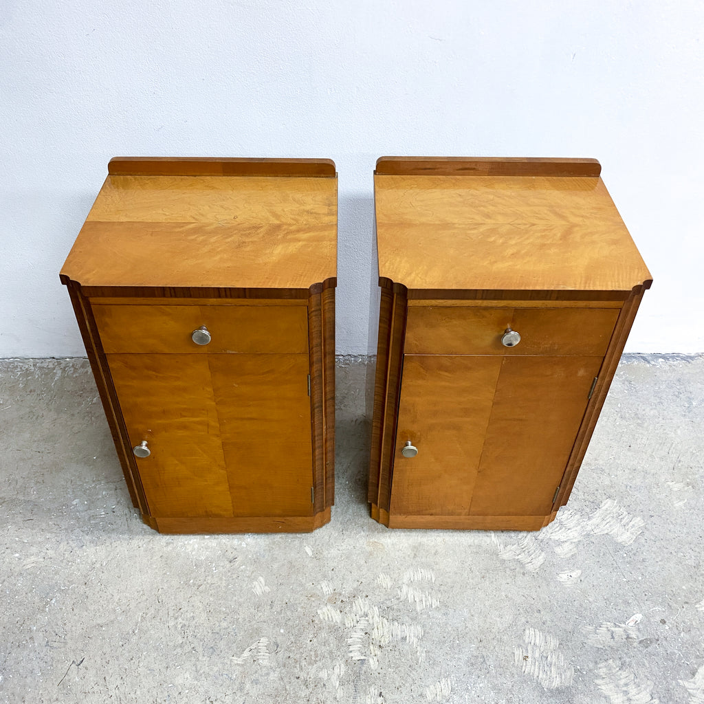 Rare Pair Of Art Deco Birch And Walnut Bedside Cabinets