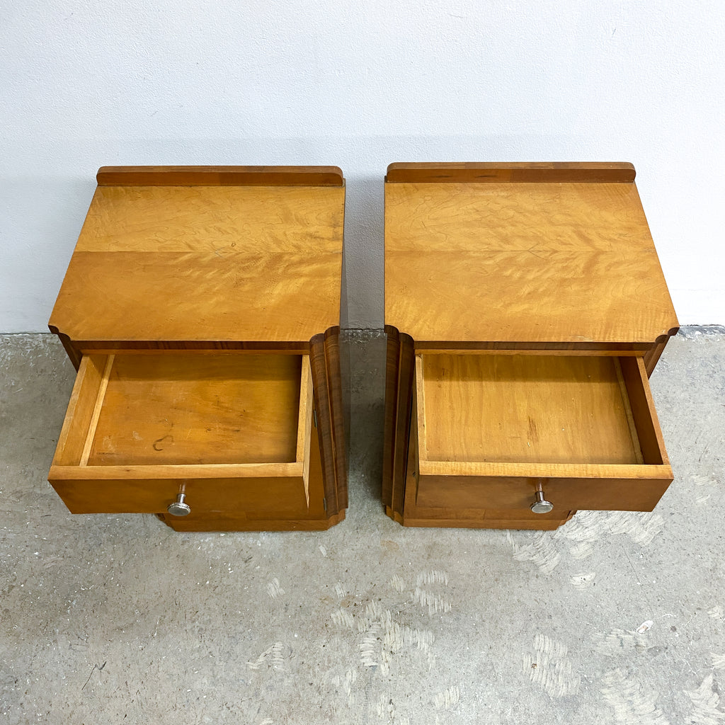Rare Pair Of Art Deco Birch And Walnut Bedside Cabinets
