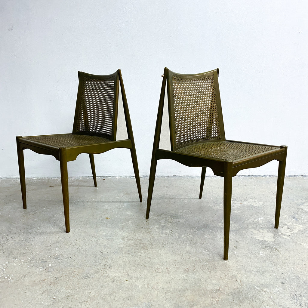 Rare Set Of 4 Mid Century John Duffecy Rattan And Green Dining Chairs