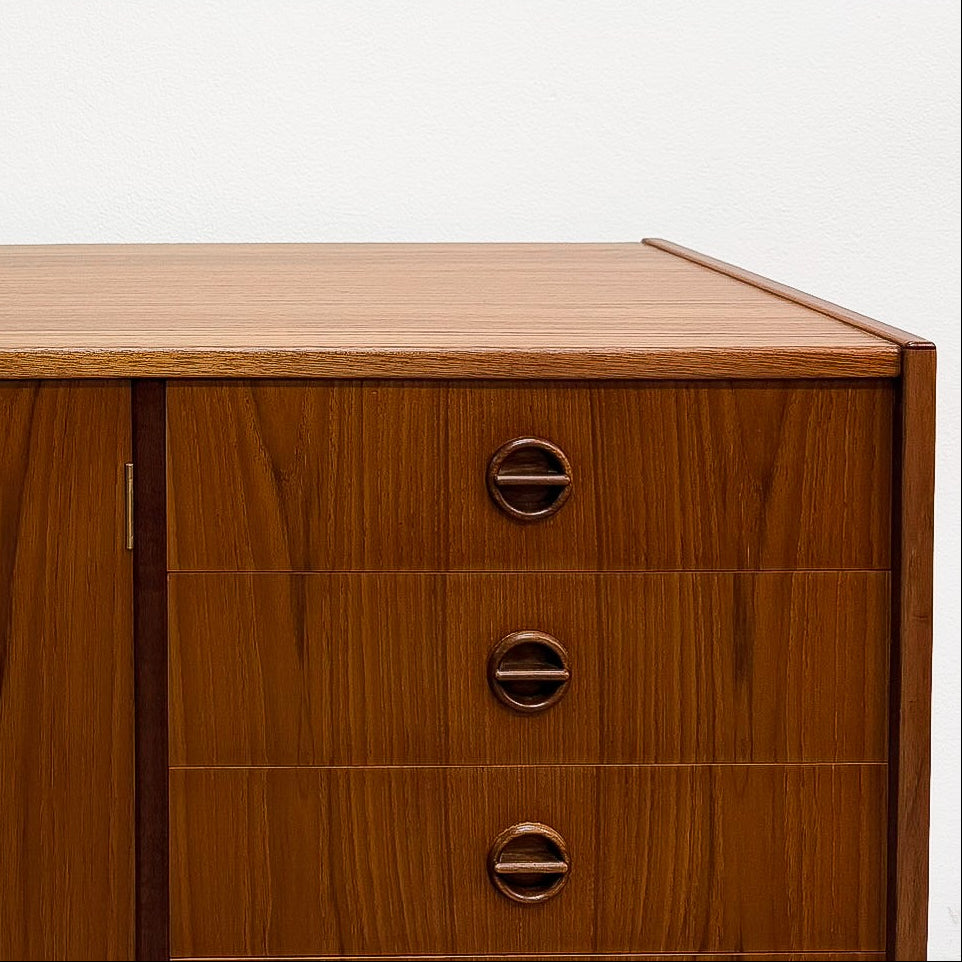 Restored Mid Century Parker Nordic Cat's Eye Handle Teak Sideboard