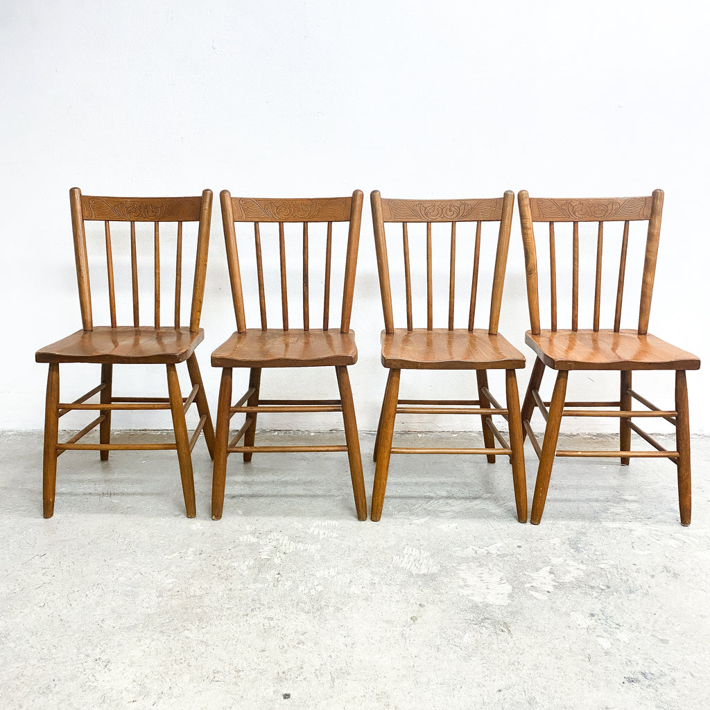 Set Of 4 Rustic Farmhouse Pressed Pattern And Spindle Back Pine Kitchen Chairs