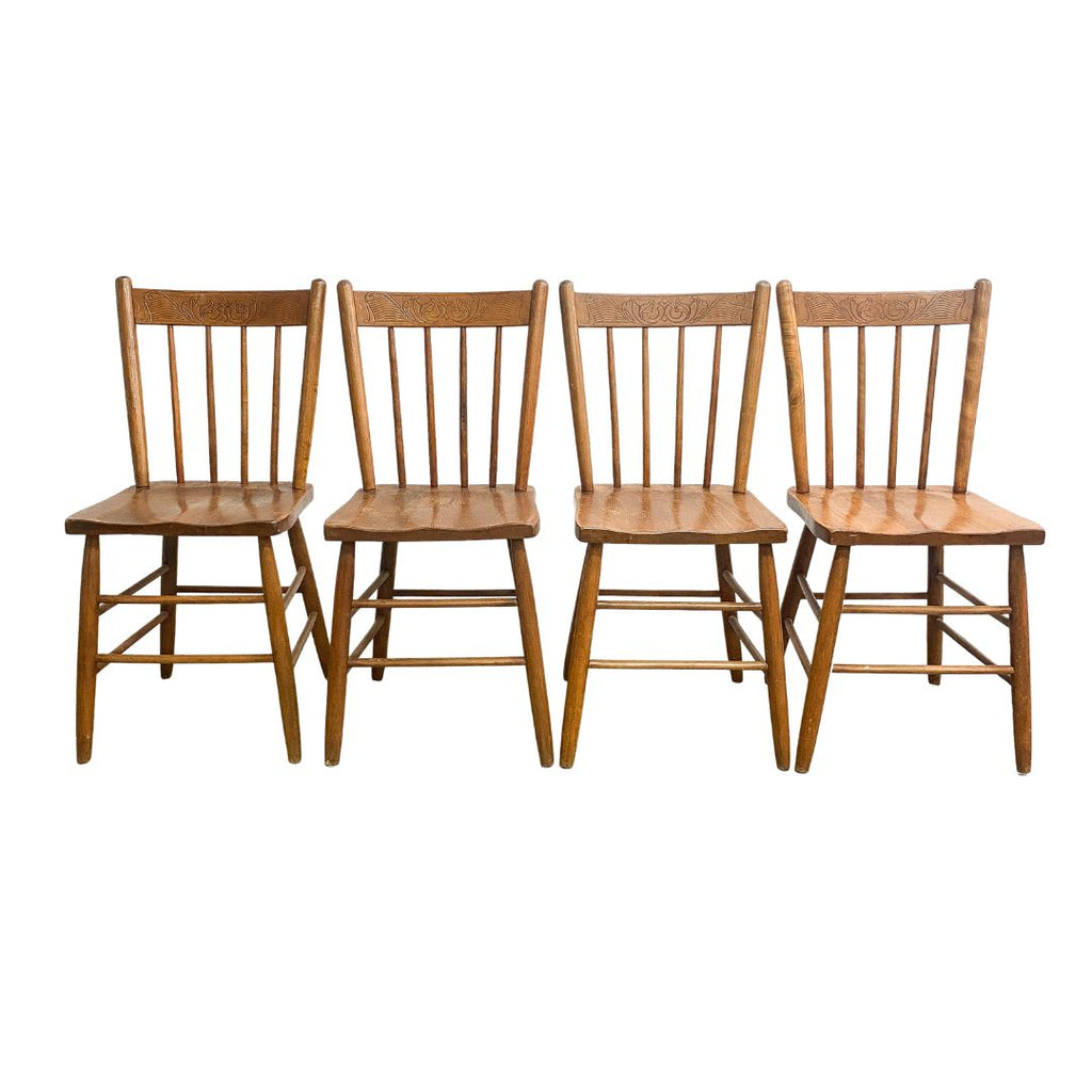 Set Of 4 Rustic Farmhouse Pressed Pattern And Spindle Back Pine Kitchen Chairs