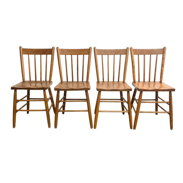 Set Of 4 Rustic Farmhouse Pressed Pattern And Spindle Back Pine Kitchen Chairs