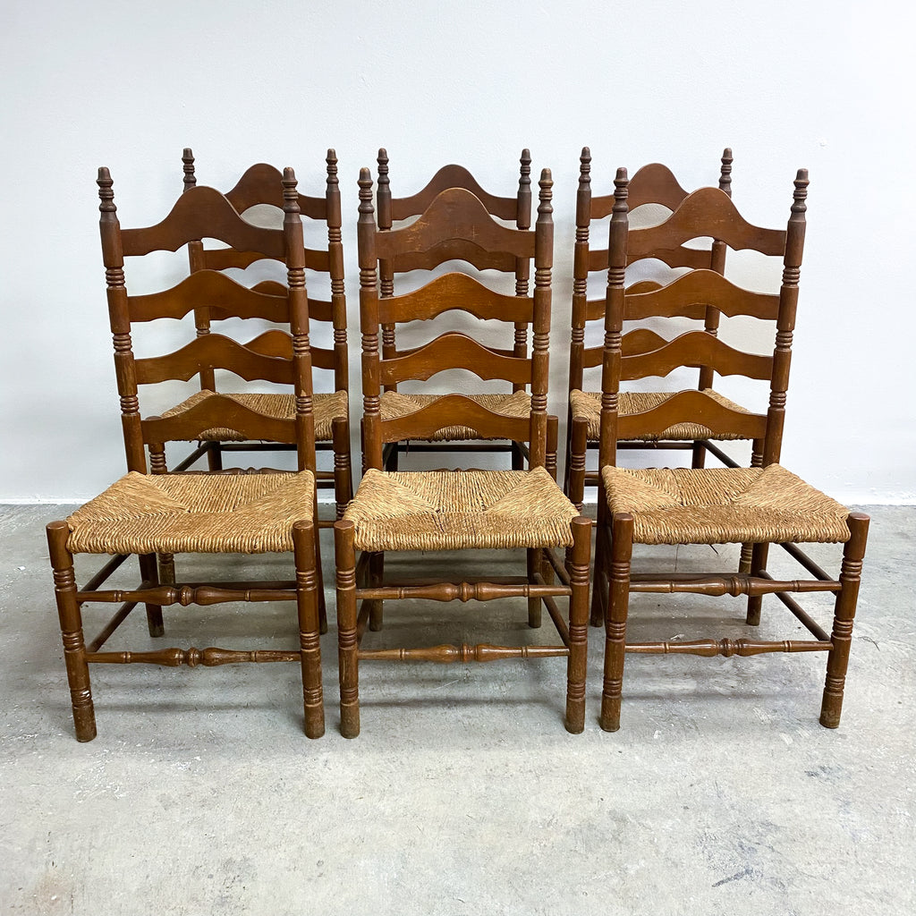 Set Of 6 Vintage Rustic Farmhouse Rush Seat Ladderback Dining Chairs 