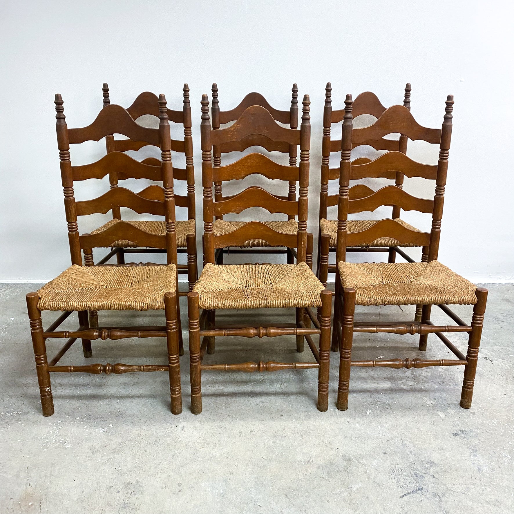 Set Of 6 Vintage Rustic Farmhouse Rush Seat Ladderback Dining Chairs ...