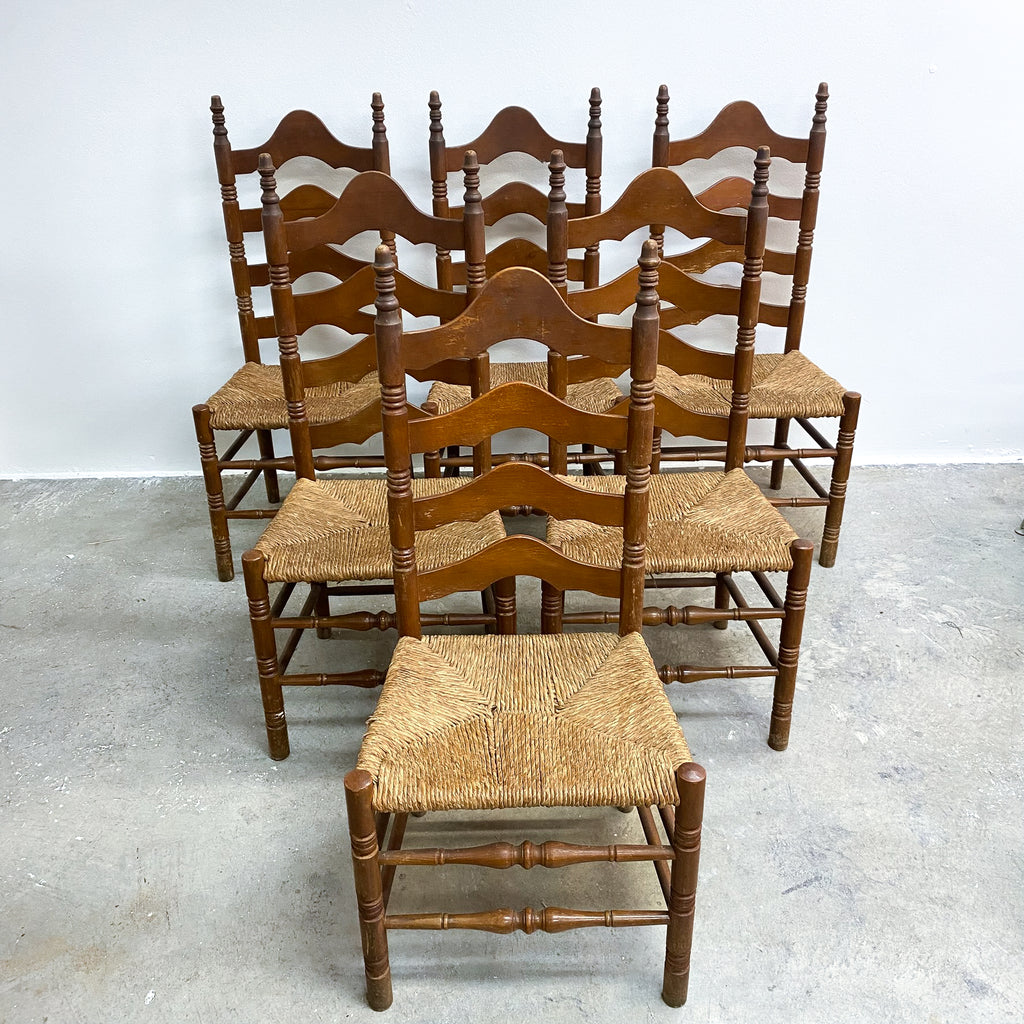 Set Of 6 Vintage Rustic Farmhouse Rush Seat Ladderback Dining Chairs 