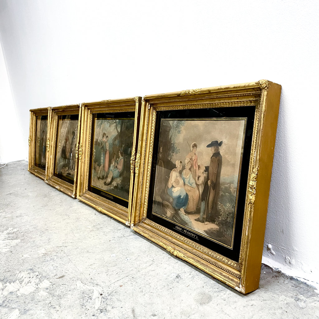 Set of 4 Antique Peasant Prints In Gilded Wooden Frames c1900