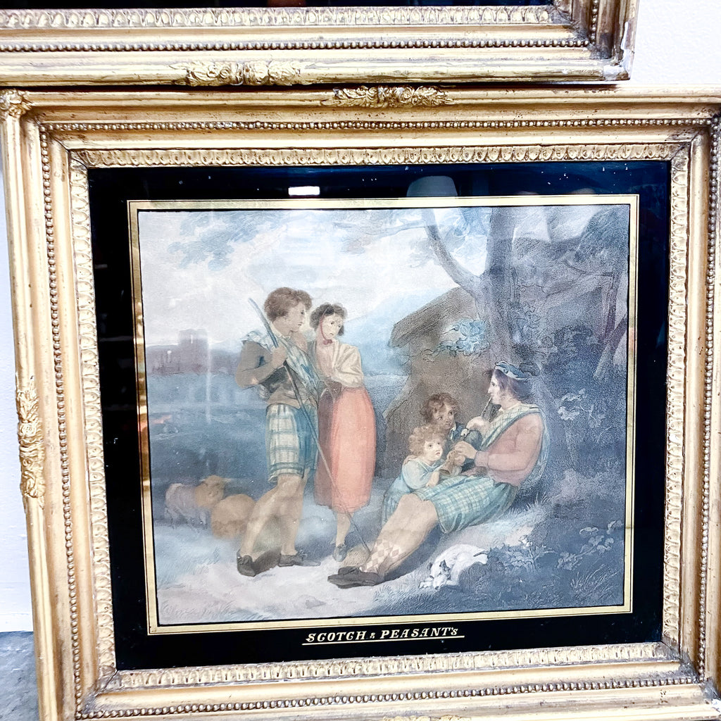 Framed artwork depicting a scene with people and animals, titled 'Scotch Peasants'.