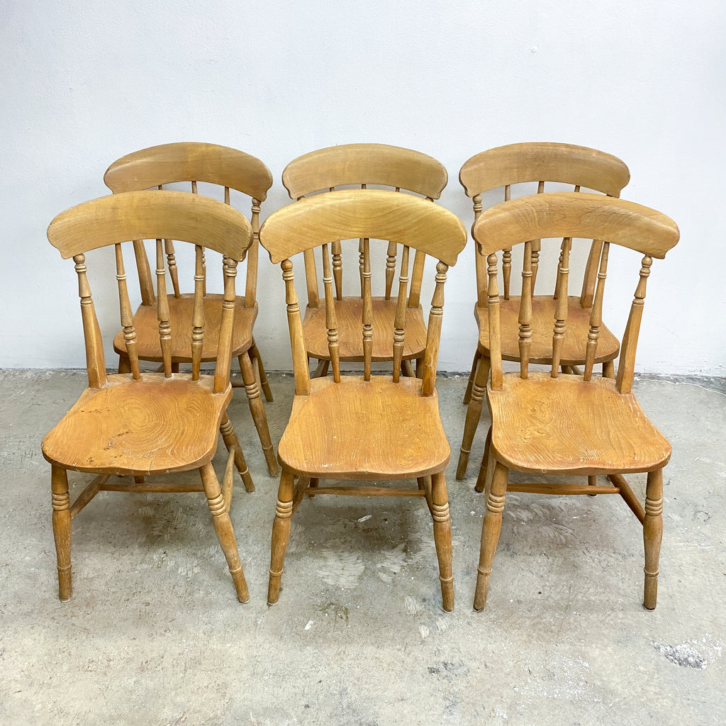 Set of Six Vintage Rustic Elm Kitchen Dining Chairs