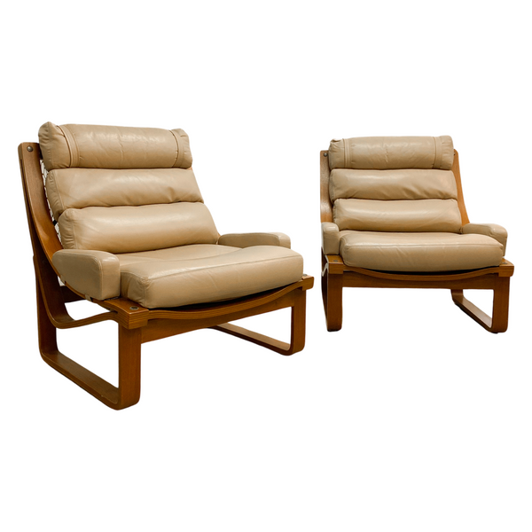 Mid Century Tessa T4 Beige Leather Lounge Chair - 2 Available