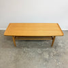 A mid-century modern wooden coffee table with a light oak finish, featuring tapered legs and a lower support rail, set against a plain white wall and concrete floor.